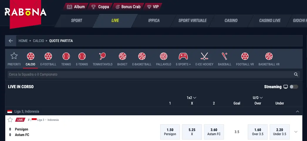 Rabona Casino Live Sports Betting